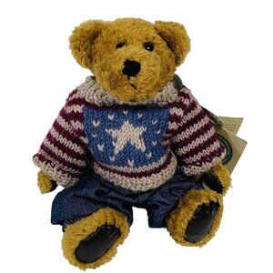 Boyds Bears Americana Eddie Bean Bauer Plush VTG Tan Knit Sweater Overalls Brass